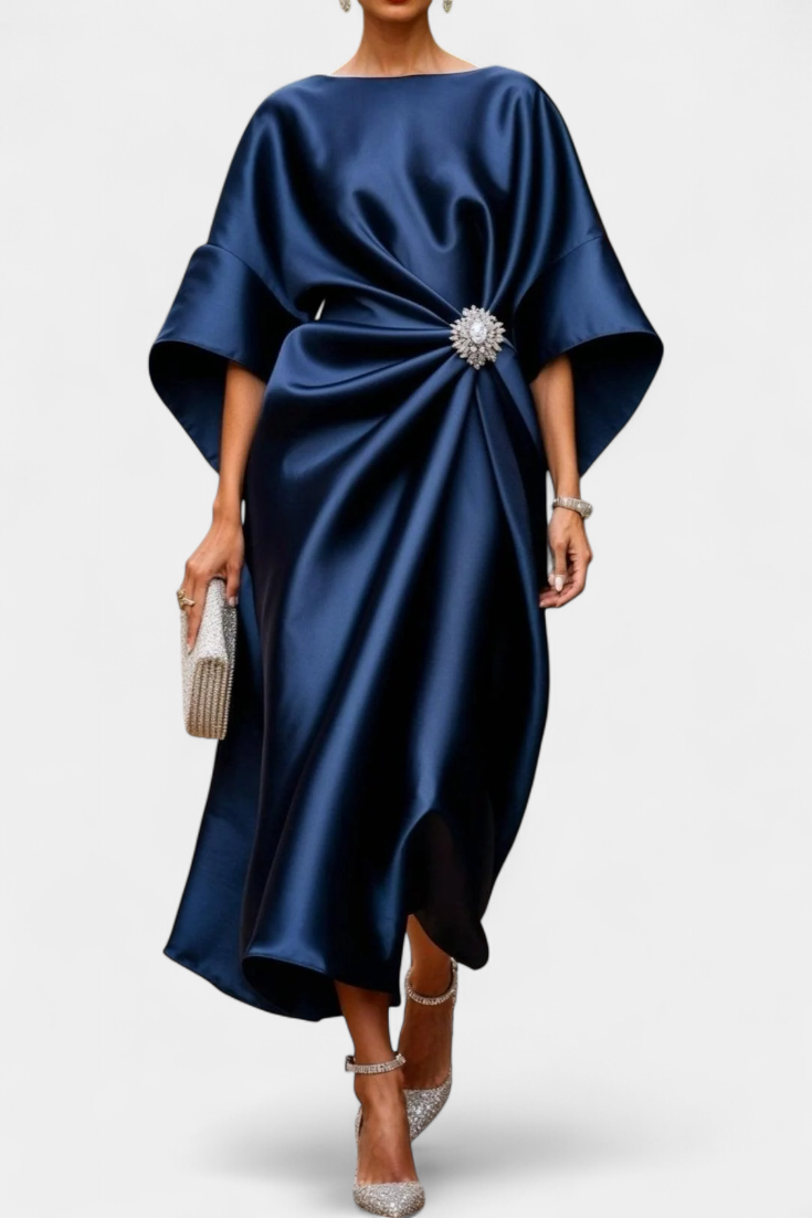 Vestido Largo Satén Brillo Luxe Con Detalles Fruncidos