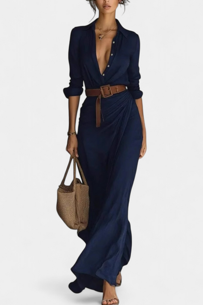 Vestido Maxi de Solapa y Sastrería Exclusiva Cierre Frontal