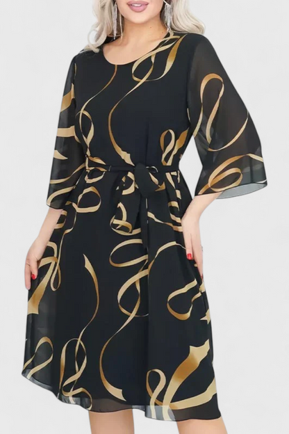 Vestido Midi Estampado Con Cinturón Tejido Ligero Ingenioso