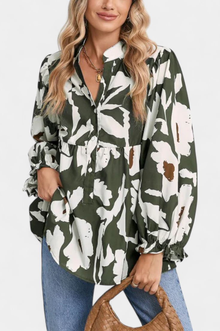 Blusa Estampado Floral Abstracto Bohemio Mangas Abullonadas