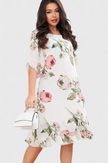 Vestido Gasa Fluida Con Pétalos Estampados Escote En V