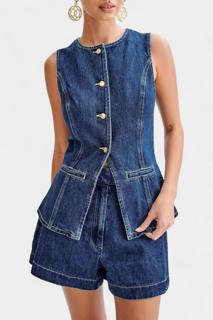 Conjunto Raya Denim Chaleco Sin Mangas Shorts Talle Alto