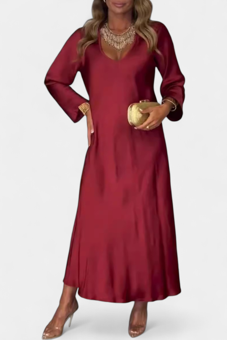 Vestido Fluido Seda Con Escote V Y Mangas Largas Chic