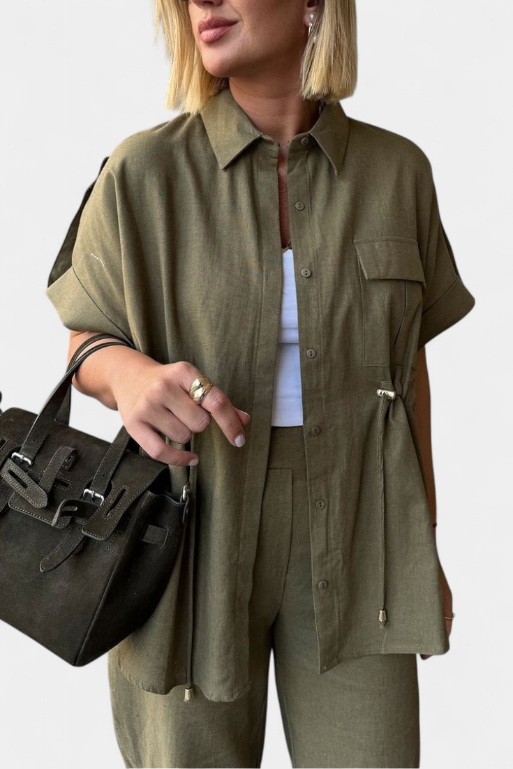 Conjuntazo Lani Camisa Suelta Pantalones Algodón Lino Ligero