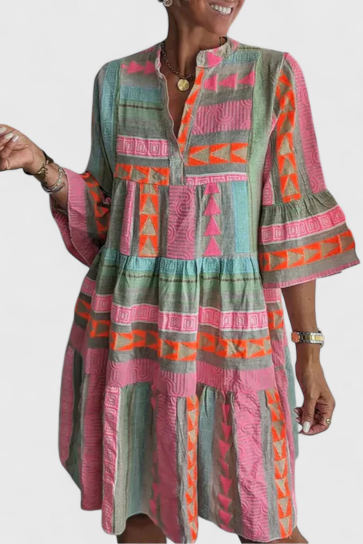 Vestido Boho Bordado Con Escote En V Colorido Y Vivo