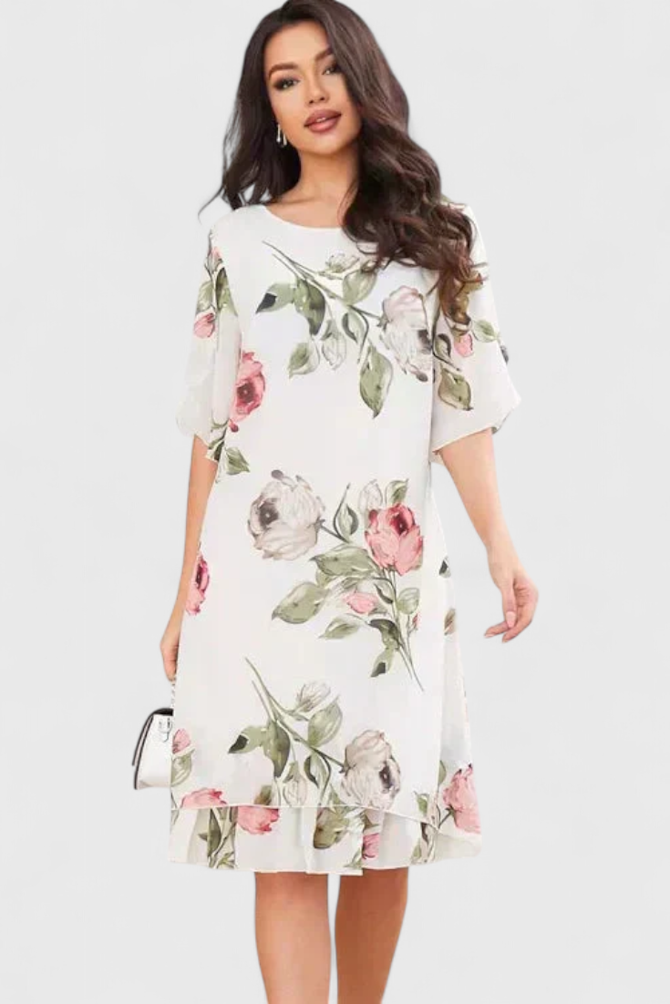 Vestido Gasa Fluida Con Pétalos Estampados Escote En V
