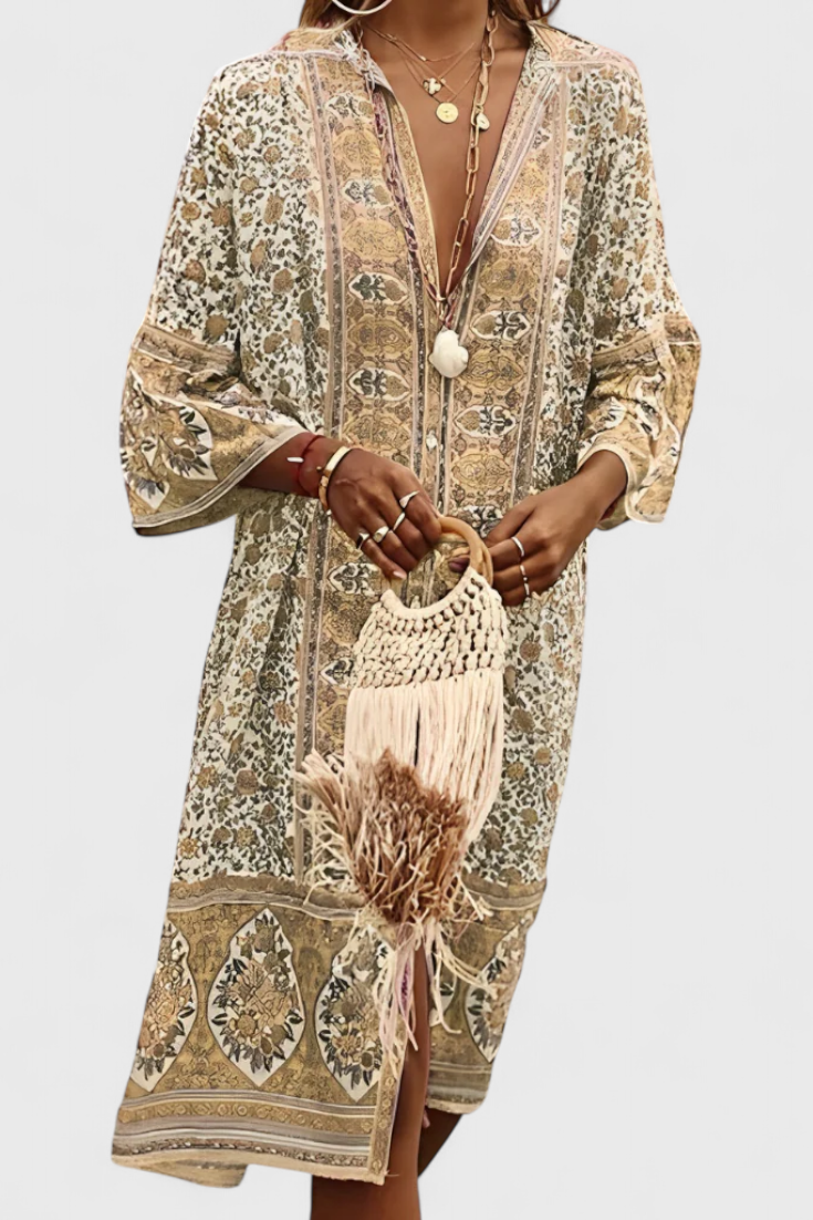 Vestido Boho Chinara Largo con Bordado Étnico Exclusivo