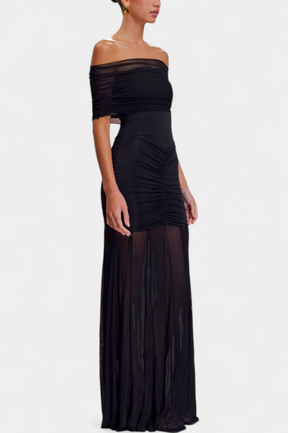 Vestido Maxi Barco Con Capa De Malla Glam Nocturno Seductor