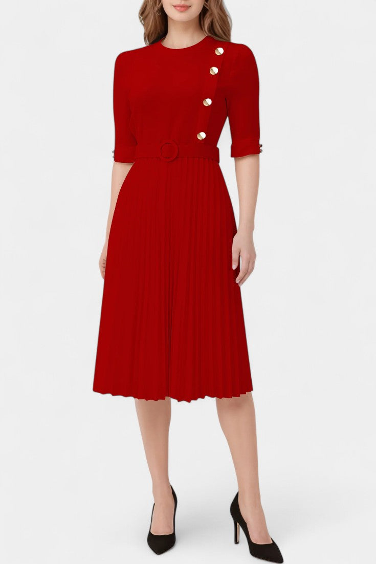 Vestido Pliegues Con Botones Decorativos Elite Brilla