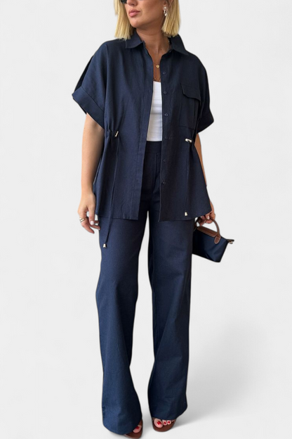 Conjuntazo Lani Camisa Suelta Pantalones Algodón Lino Ligero