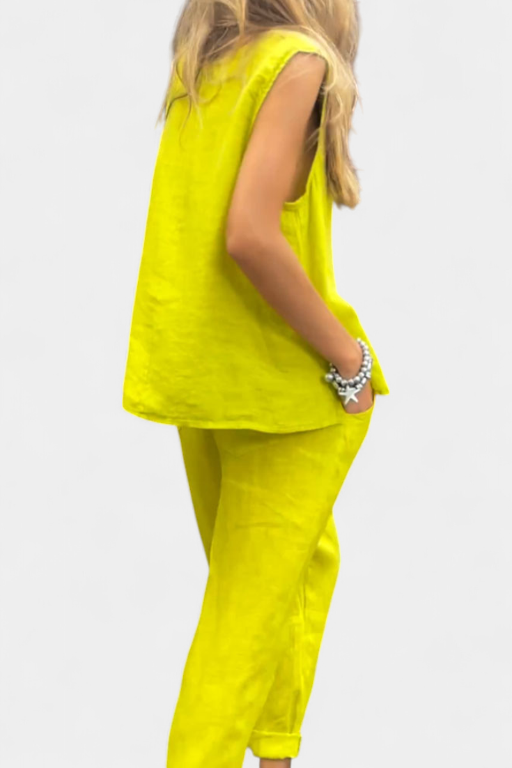 Leona Conjunto Coqueto Chaleco Pantalón Algodón Lino