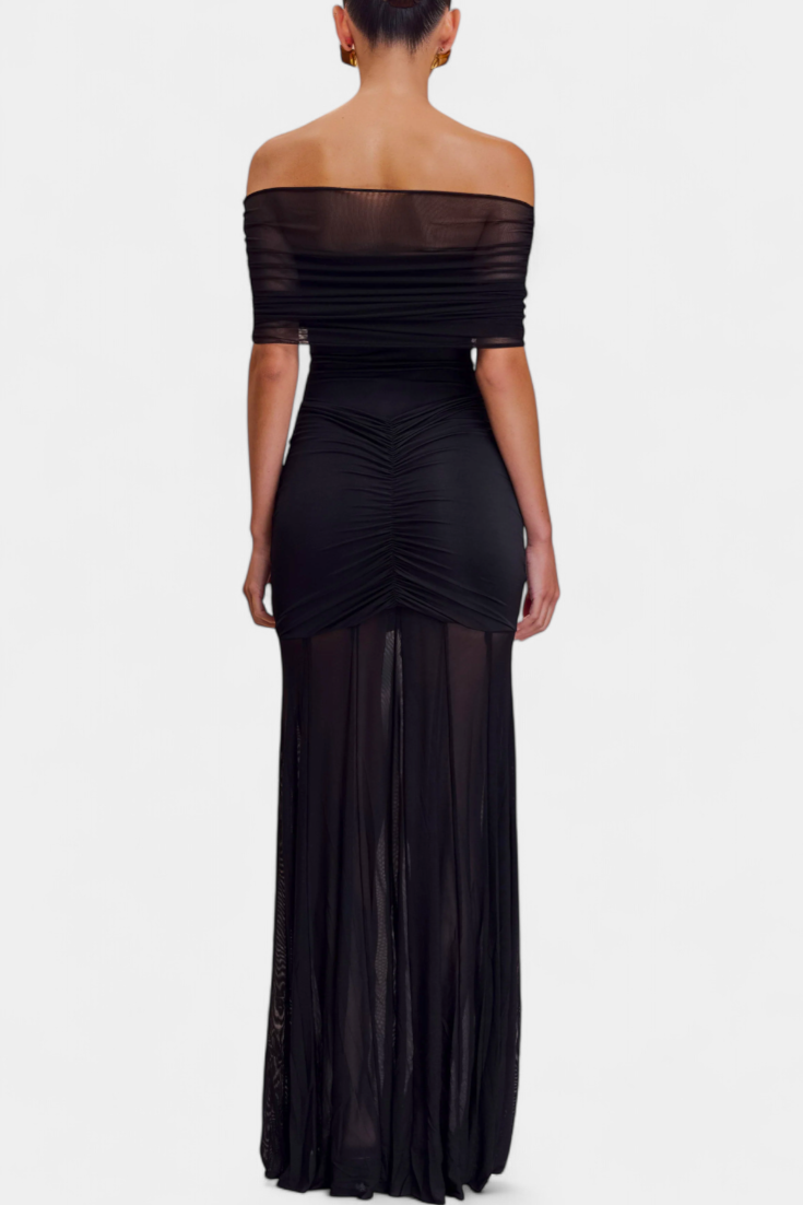 Vestido Maxi Barco Con Capa De Malla Glam Nocturno Seductor
