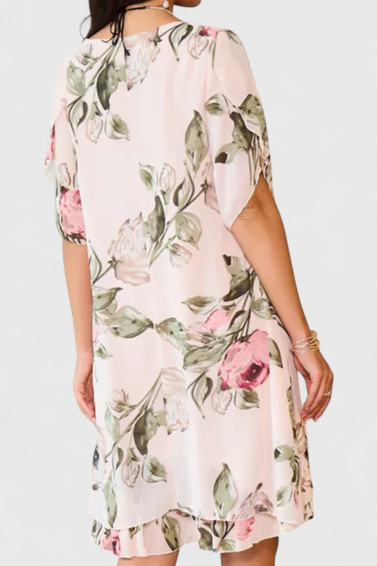 Vestido Gasa Fluida Con Pétalos Estampados Escote En V