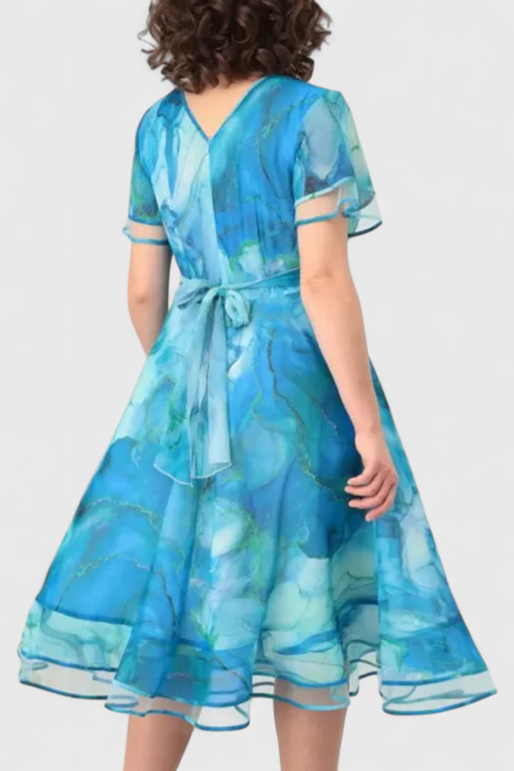Vestido Gasa Azul Estampado Acuarela Con Escote Cruzado