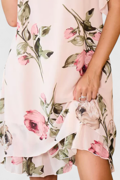 Vestido Gasa Fluida Con Pétalos Estampados Escote En V