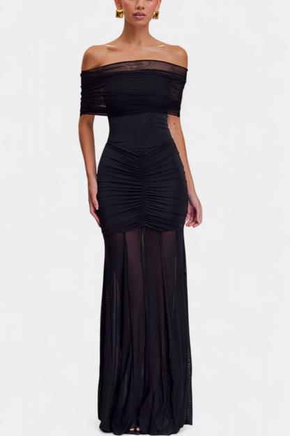 Vestido Maxi Barco Con Capa De Malla Glam Nocturno Seductor