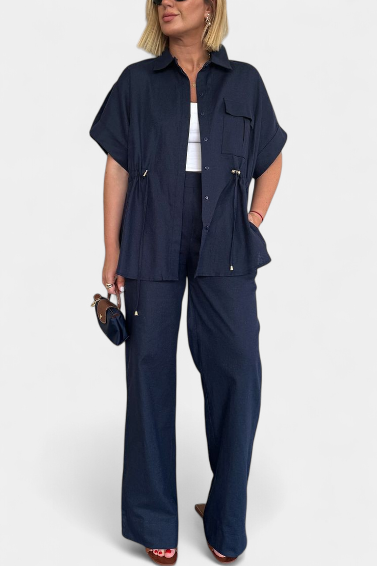 Conjuntazo Lani Camisa Suelta Pantalones Algodón Lino Ligero