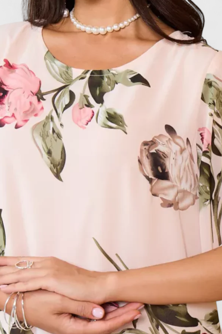 Vestido Gasa Fluida Con Pétalos Estampados Escote En V