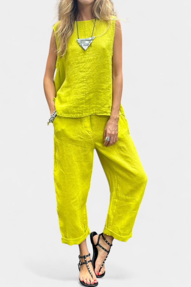 Leona Conjunto Coqueto Chaleco Pantalón Algodón Lino