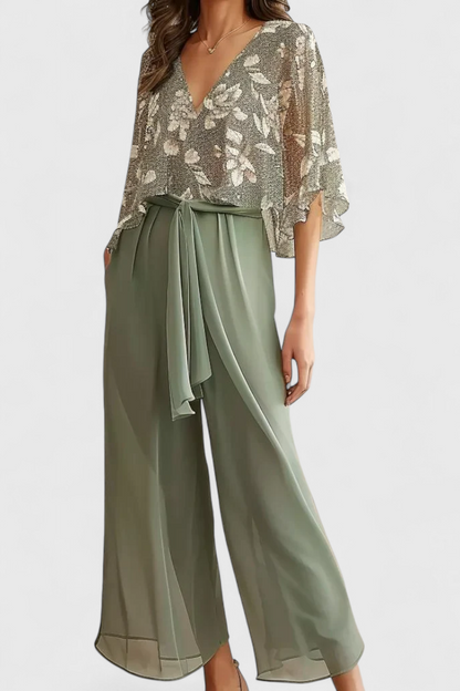 Conjunto Dos Piezas Texturizado Escote En V Pantalones Chic