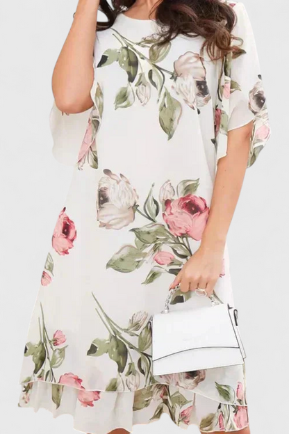 Vestido Gasa Fluida Con Pétalos Estampados Escote En V