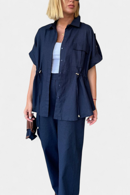 Conjuntazo Lani Camisa Suelta Pantalones Algodón Lino Ligero