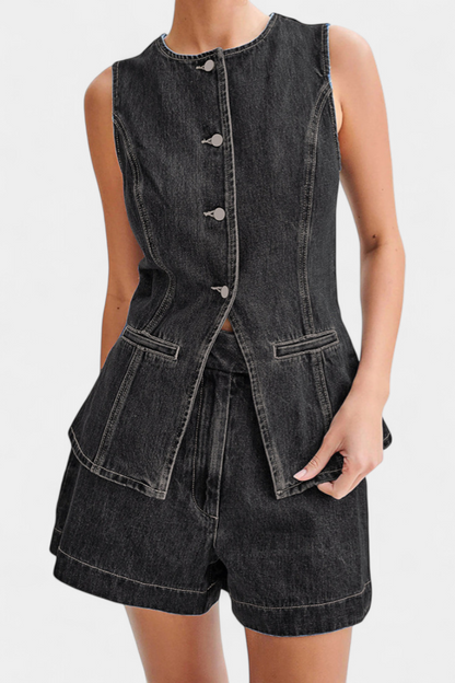 Conjunto Raya Denim Chaleco Sin Mangas Shorts Talle Alto