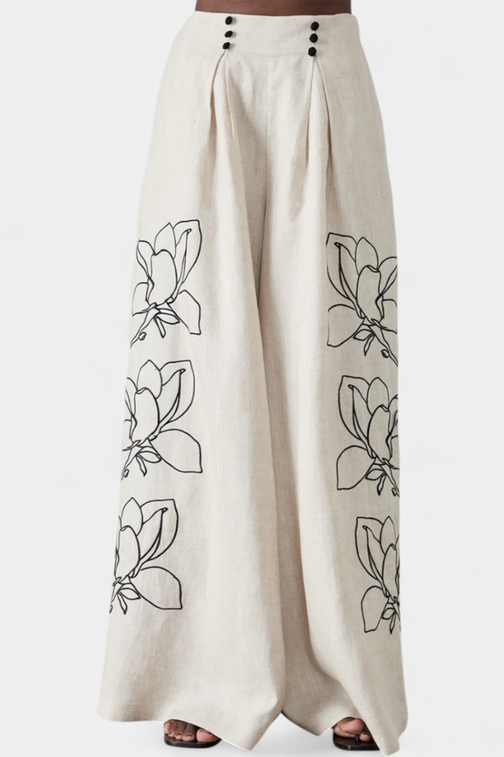 Conjunto Floral Algodón y Lino Mangas Globo Pantalón Ancho