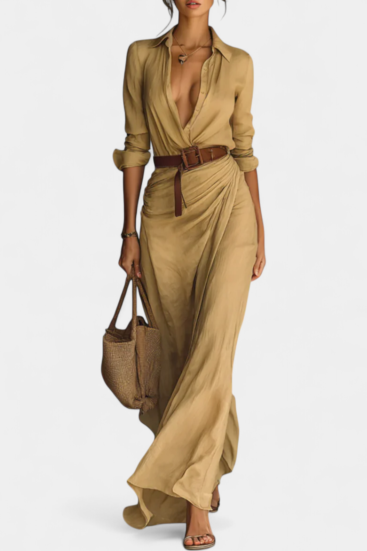 Vestido Maxi de Solapa y Sastrería Exclusiva Cierre Frontal