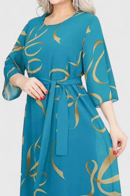 Vestido Midi Estampado Con Cinturón Tejido Ligero Ingenioso
