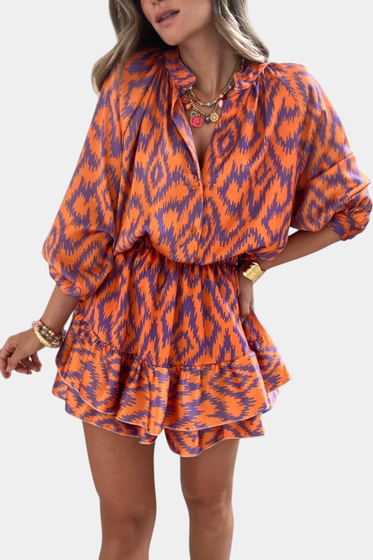 Mono Yasmine Mini Estampado Ikat con Volantes y Botones