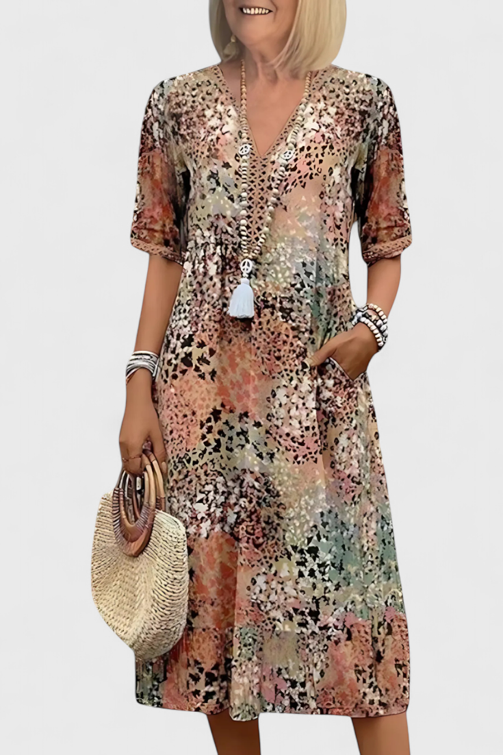 Vestido Boho Estampado Floral Con Encaje Crochet Chic