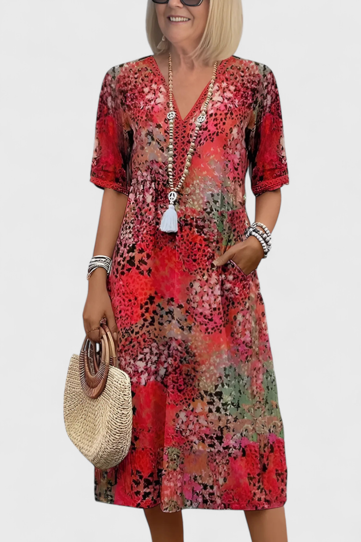 Vestido Boho Estampado Floral Con Encaje Crochet Chic