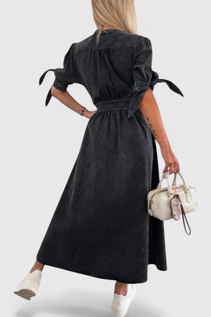 Vestido Midi Denim Premium Con Botones Y Escote V Muy Chic