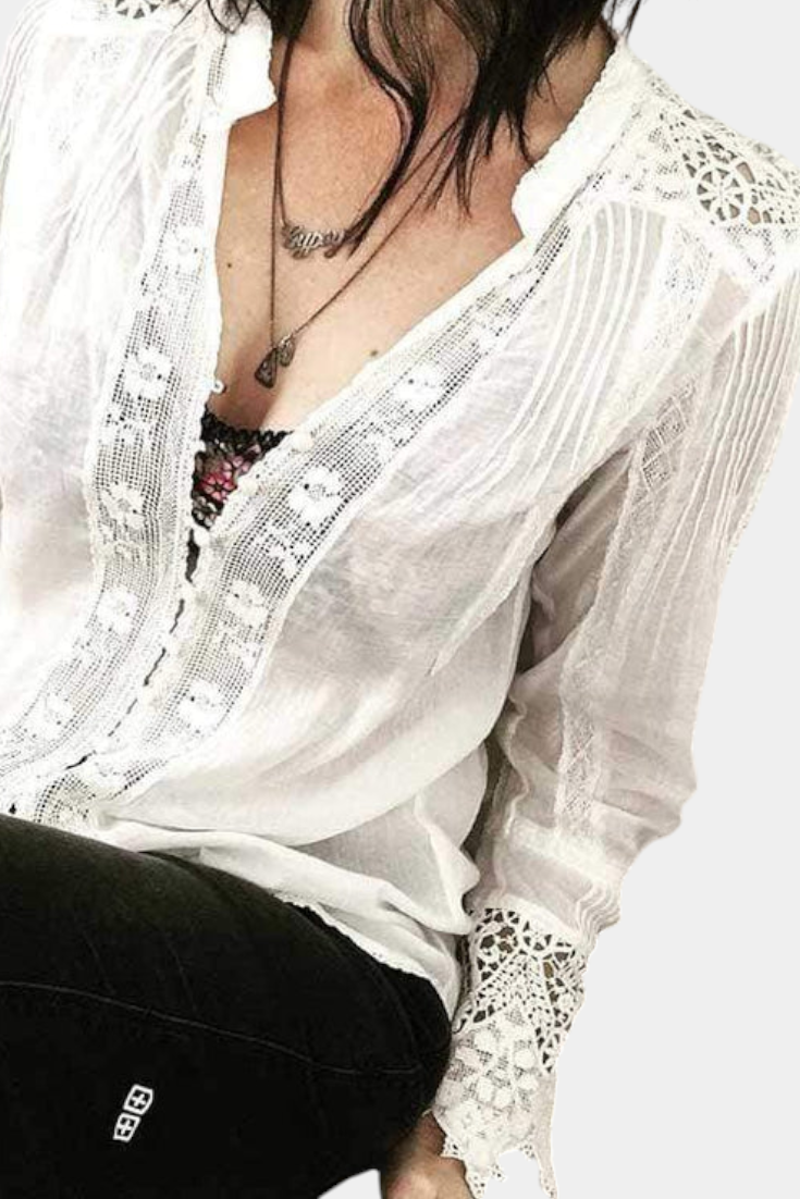 Blusa De Encaje Floral Con Cuello Pico Romántico Y Volantes